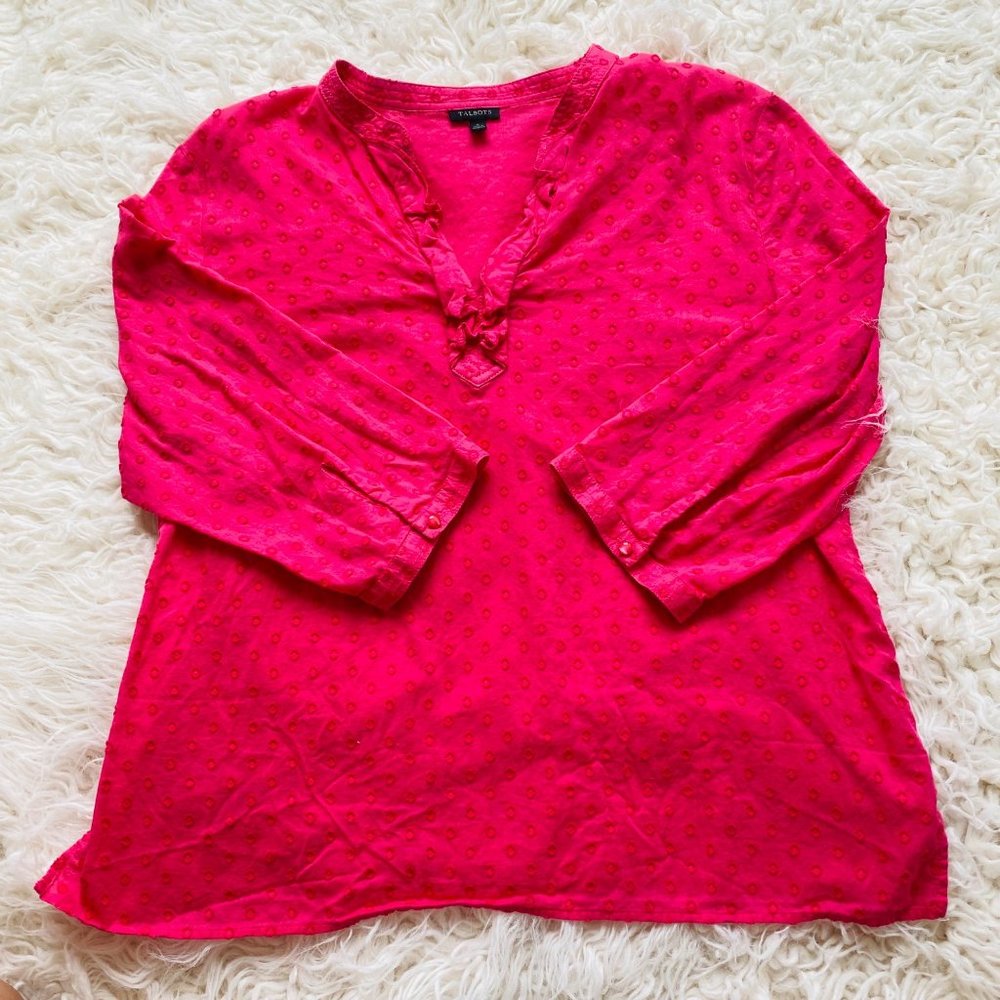 Talbots Top Womens Large Blouse Ruffle Popover Swiss Dot Berry Red Pink‎
